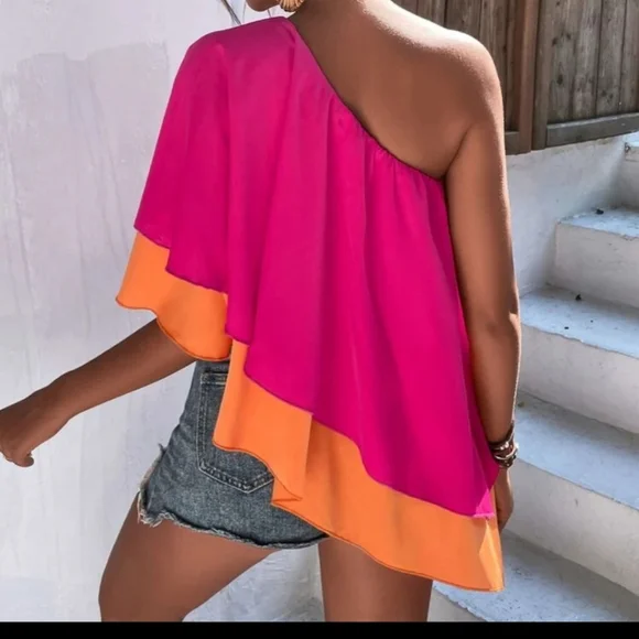 Womens One Shoulder Hi Lo  Colorblock Blouse in Magenta Combo in Various NWT - Picture 5 of 6